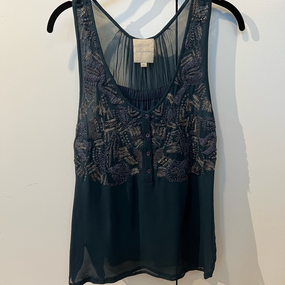 Teal tank blouse with beaded details